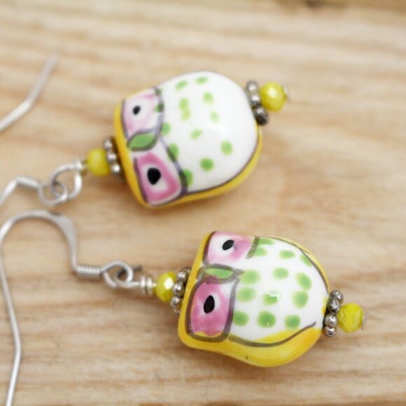 Yellow Hand Painted Porcelain Owl Earrings - Handmade & Hypoallergenic - Picture 2 of 8